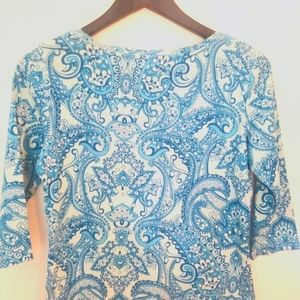 Talbots cotton blue and white paisley tee SP  3/4 length sleeves